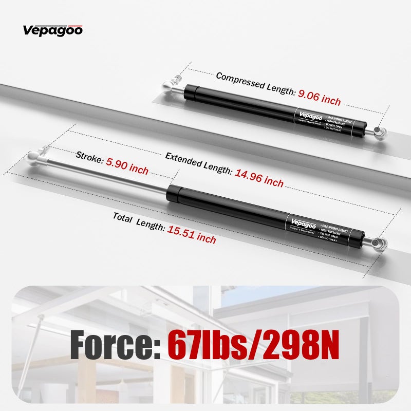 Vepagoo 15 Inch 67Lb/300N Gas Struts Shock for Heavy Duty Toolbox, Lift Support with L-Type Mounts Brackets for RV Bed Cover Trap Door Window Boat Hatch, 4pcs (2 Pair) - Image 1
